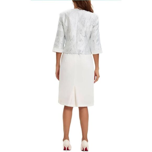 Women's 12 White Two Piece Dress Church Suit Formal Jacquard Embroidery Jacket - Picture 13 of 15